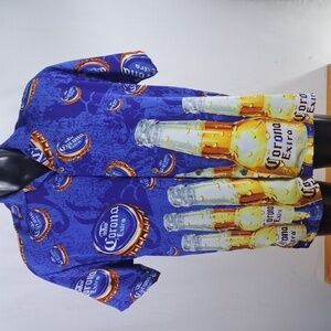 Corona Extra beer AOP spellout LG blue & yellow casual button-down summer shirt
